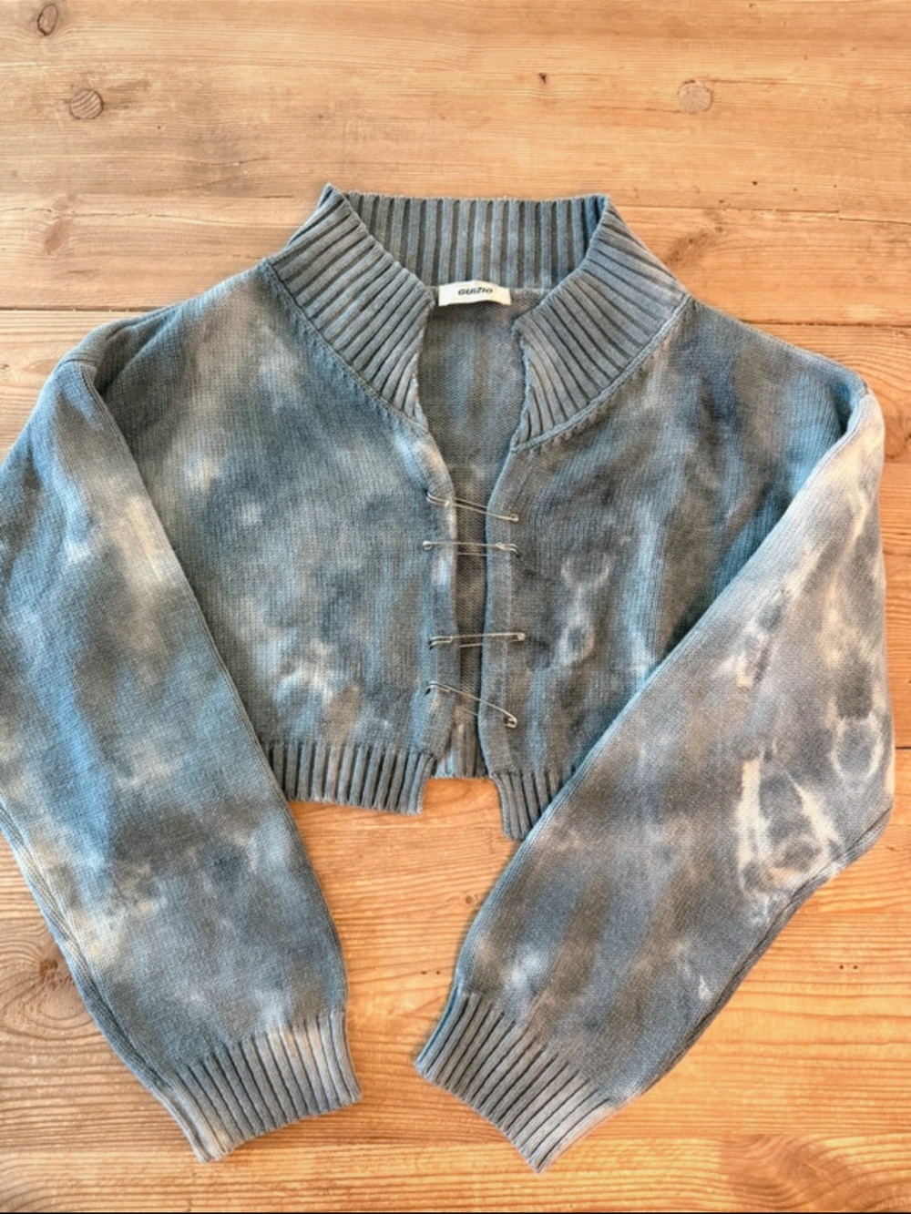 Cropped Tie-Dye Blue Knit Cardigan with Toggle Closures